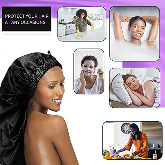 Woman wearing a satin head wrap with various scenes showing its use in different activities.