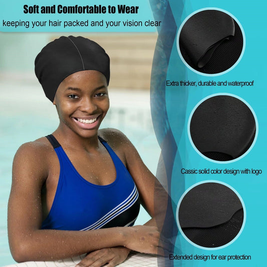 Adult oversized silicone swim cap – black hair protection for swimming
