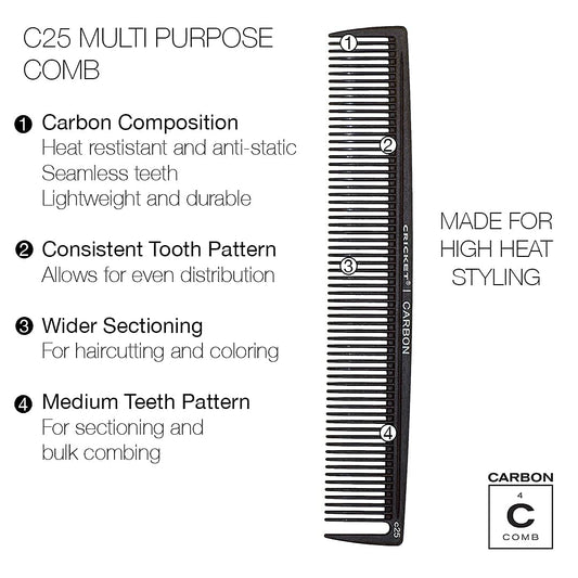 Black comb with text detailing features on a white background