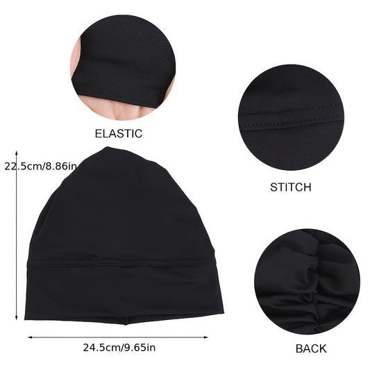 Black head cover with elastic, stitch, and back views, showing measurements.