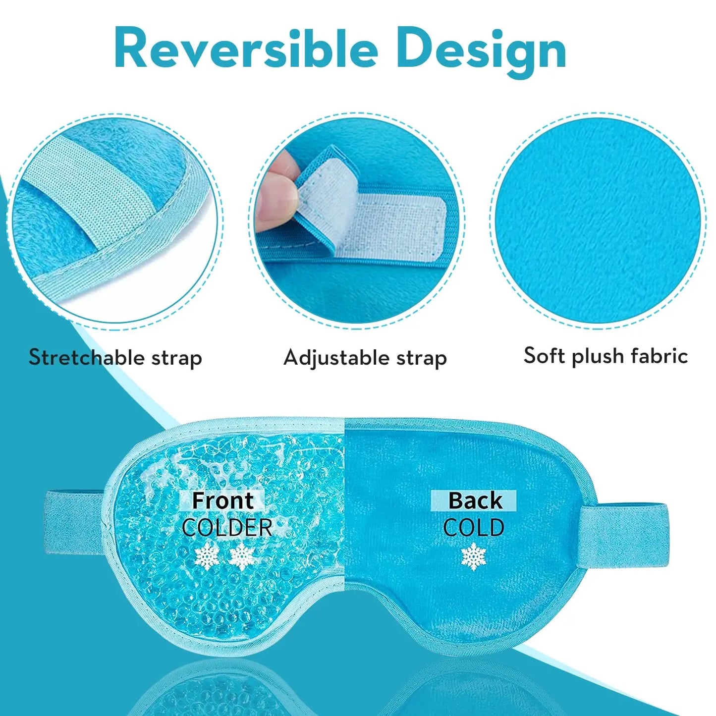Reversible cooling eye mask with stretchable strap, adjustable tab, and soft plush fabric on a blue background.