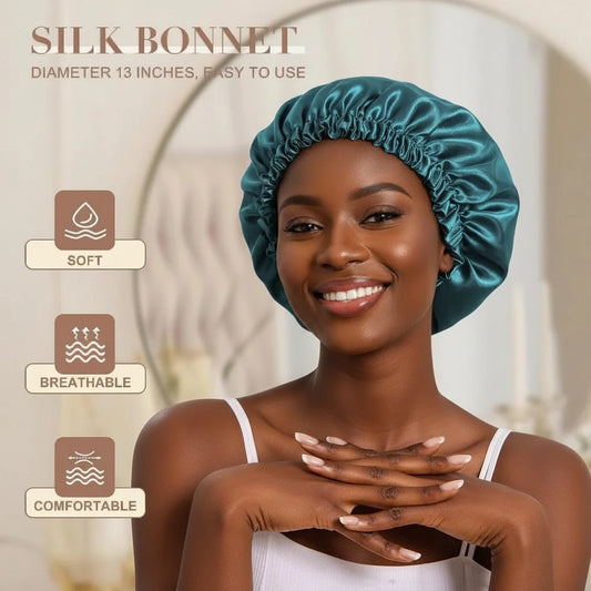 Woman wearing a teal satin bonnet with product features highlighted on a neutral background