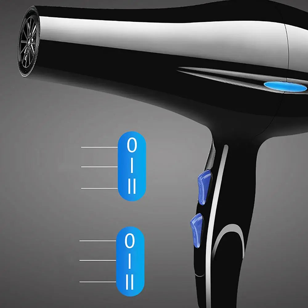 Black hair dryer with blue temperature controls on a gray background