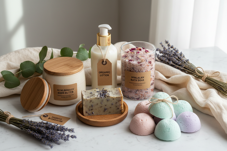 Eco-friendly pampering set with soap, lotion, body butter, bath salts, and shower steamers