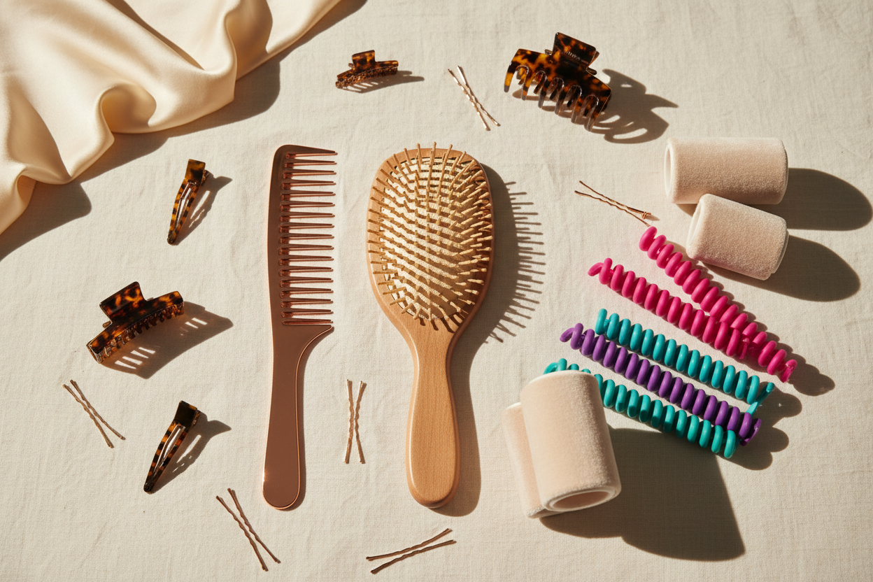 Combs, brushes, and clips for styling, detangling, and hair care" "Sleep-friendly hair accessories to protect strands and reduce breakage" "Tools for all hair types to maintain smooth, roller, flexi rods, hydrated, frizz-free hair"