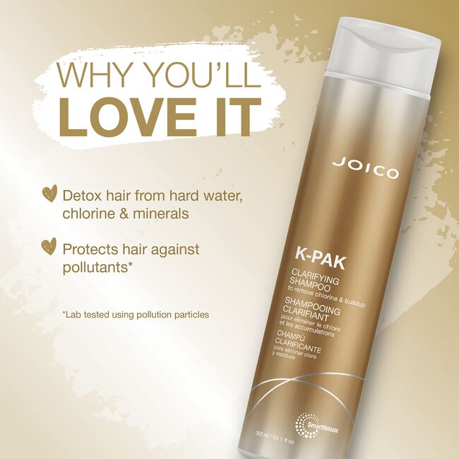 Joico K-Pak clarifying shampoo bottle with promotional text on a beige background