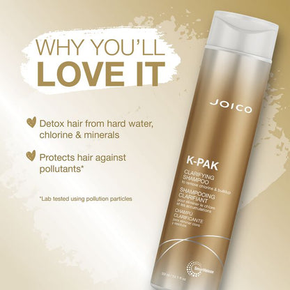 Joico K-Pak clarifying shampoo bottle with promotional text on a beige background