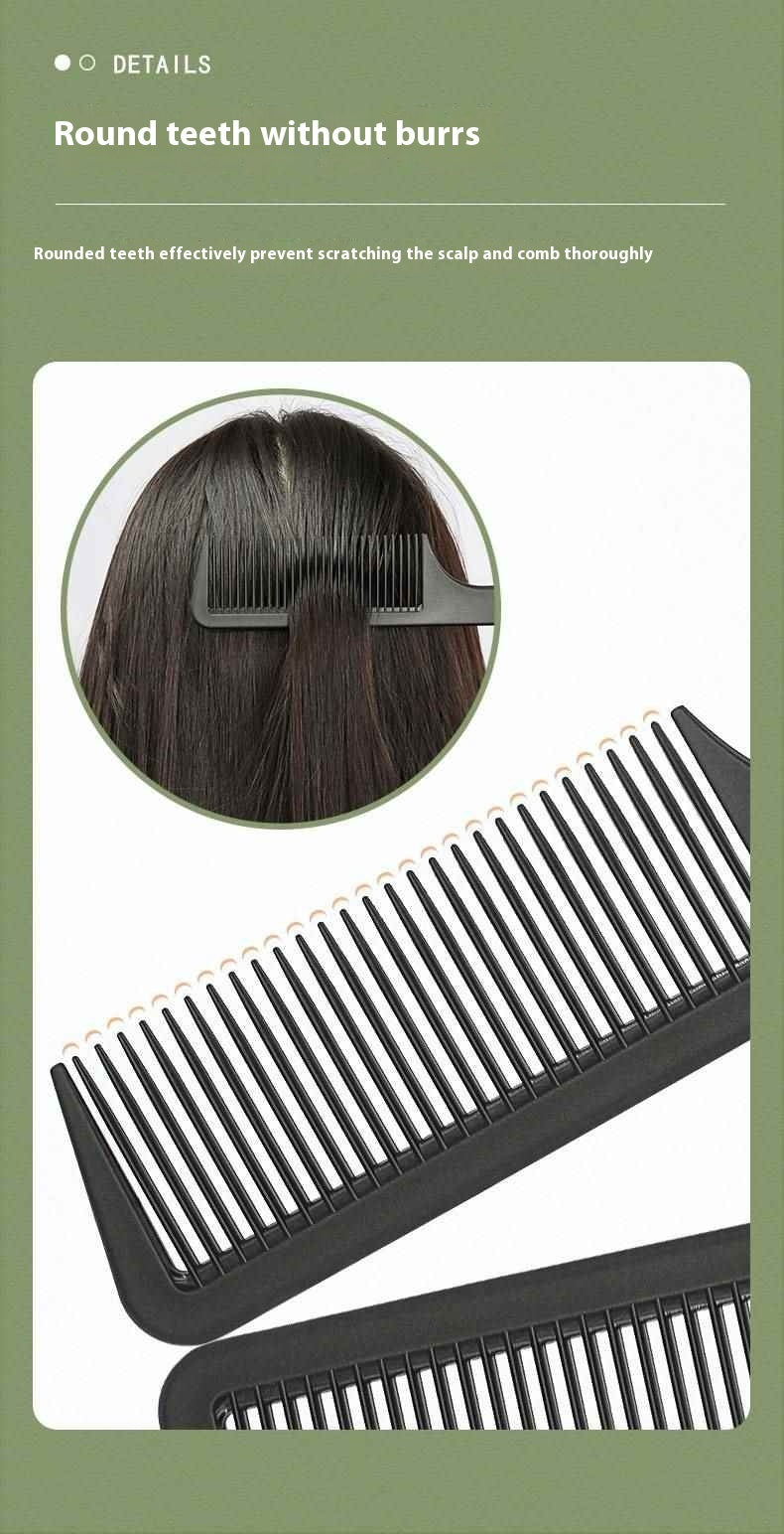 Comb with round teeth and a close-up of hair being combed, on a green background.
Three black combs on a light green background with product descriptions.
Black wide-tooth detangling comb for thick and curly hair
Minimalist black hair styling comb for smooth detangling