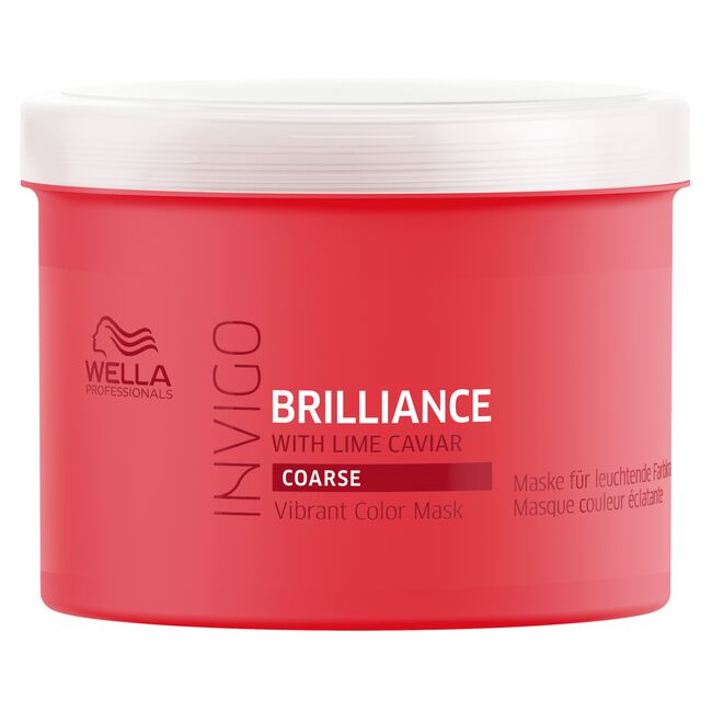 Wella Professionals Invigo Brilliance Coarse Vibrant Color Mask in a red plastic tub with a white lid, on a white background.