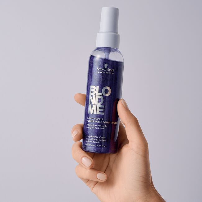 Purple spray conditioner to neutralize yellow tones and add shine"
"Leave-in conditioner for blonde and gray hair to detangle and smooth"
"Lightweight toning spray for cool, frizz-free, manageable hair"