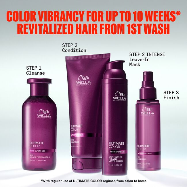 Wella hair care products with step-by-step instructions-Bottle of Ultimate Color Conditioner for colored hair
Conditioner being applied to wet hair in shower
Smooth, shiny colored hair after using Ultimate Color Conditioner
Close-up of conditioner texture on hand