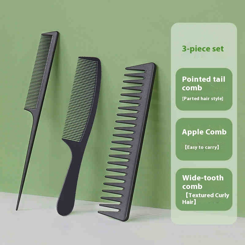 Three black combs on a light green background with product descriptions.
Black wide-tooth detangling comb for thick and curly hair
Minimalist black hair styling comb for smooth detangling