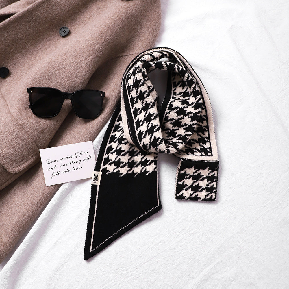 Neck Protection Houndstooth Narrow Scarf Small Long Knitted Small Scarf