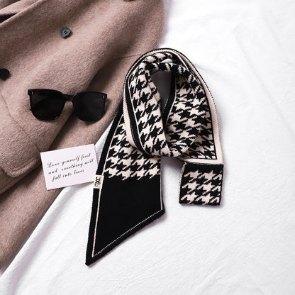 Neck Protection Houndstooth Narrow Scarf Small Long Knitted Small Scarf