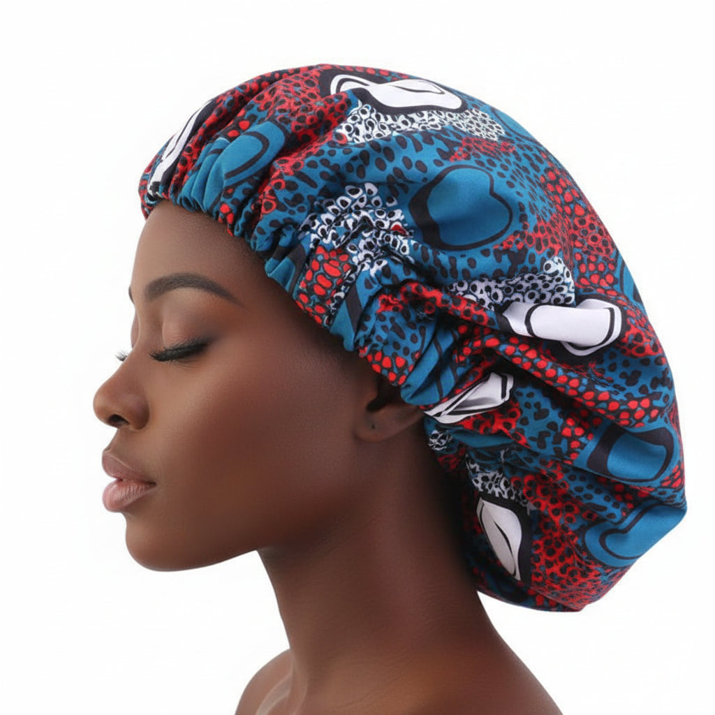 Colorful satin bonnet with detailed view of satin lining and elastic band on a mannequin head.