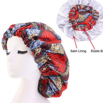 Colorful satin-lined bonnet on a mannequin head with labeled satin lining and elastic band.