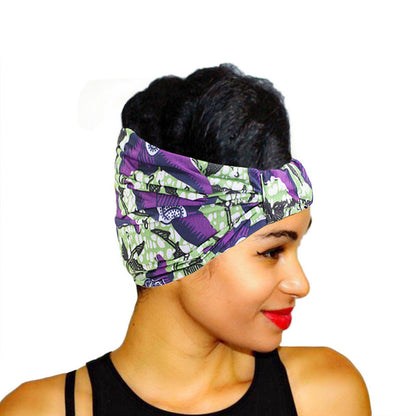 Woman wearing a colorful headband with a white background