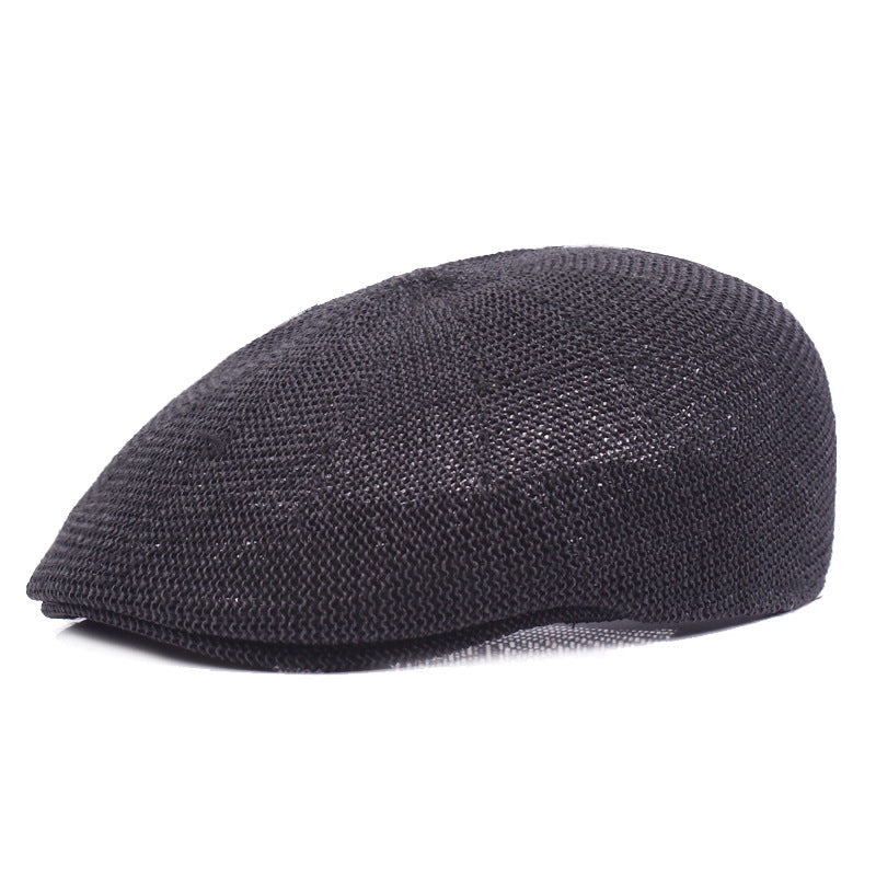 Hand-hooked Korean short brim peaked cap in beige on white background