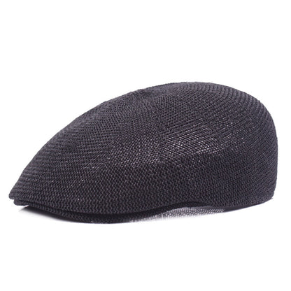 Hand-hooked Korean short brim peaked cap in beige on white background