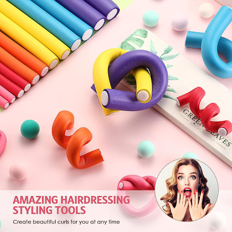 Colorful hair styling tools on a pink background with a woman's face inset.