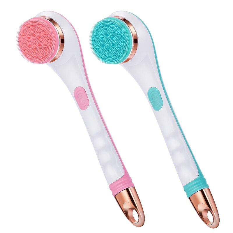 Two facial cleansing brushes with pink and green bristle heads on a white background
Rechargeable rotating bath brush with 4 interchangeable heads for body care
Waterproof electric shower scrubber with long handle and 2 speed settings
Exfoliating body brush with rotating head for deep cleansing and massage
Cordless bath brush set for shower skincare and spa-like body treatment