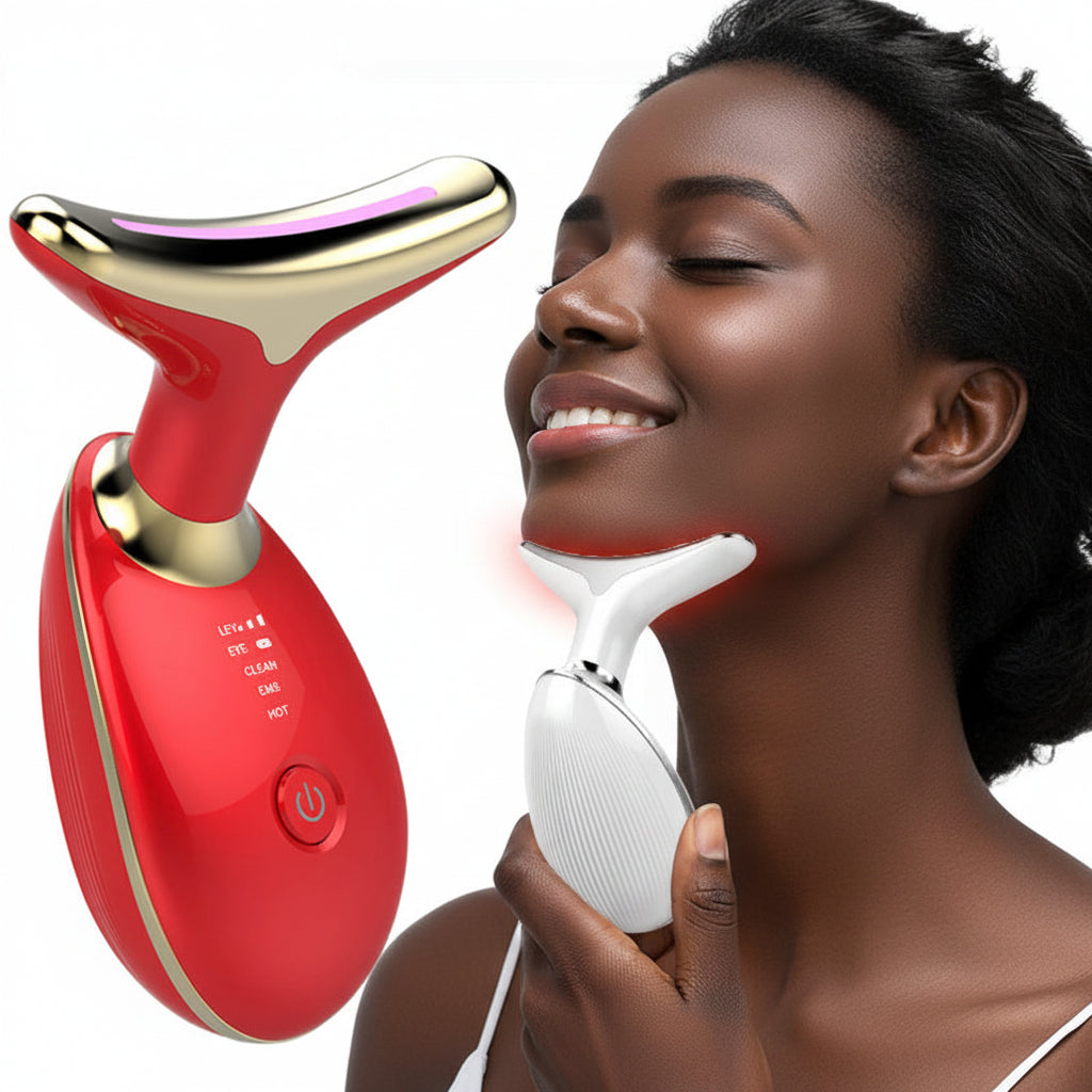 Red and gold facial massager device with a woman using it on her face.