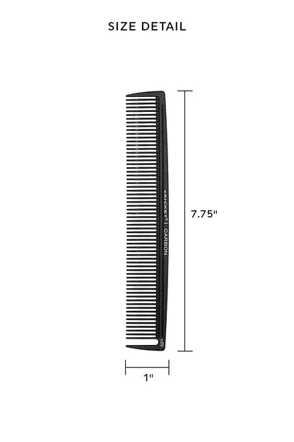 Black comb with measurements on a white background