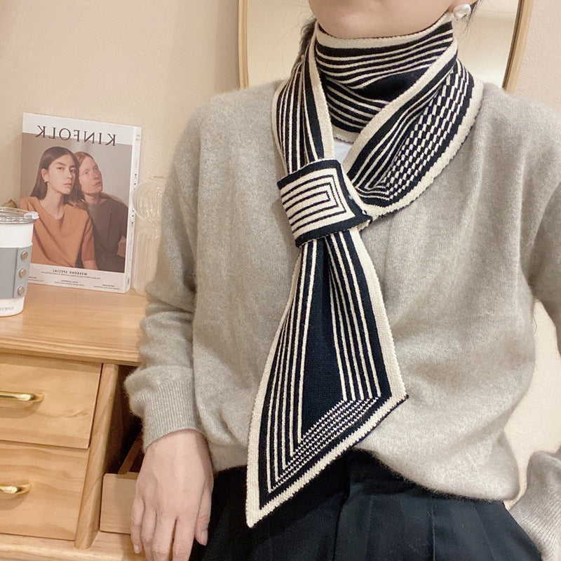 Houndstooth Knit Scarf – Lightweight Narrow Winter Layering Fashion Scarf.