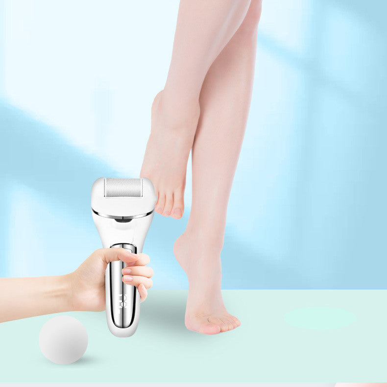 Handheld epilator being used on a leg against a light blue background