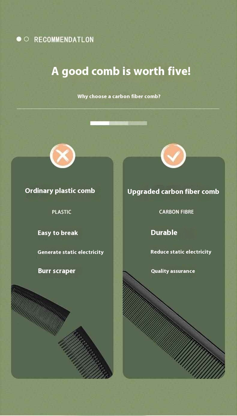 Comparison chart of ordinary plastic comb and upgraded carbon fiber comb on a green background
Three black combs on a light green background with product descriptions.
Black wide-tooth detangling comb for thick and curly hair
Minimalist black hair styling comb for smooth detangling
