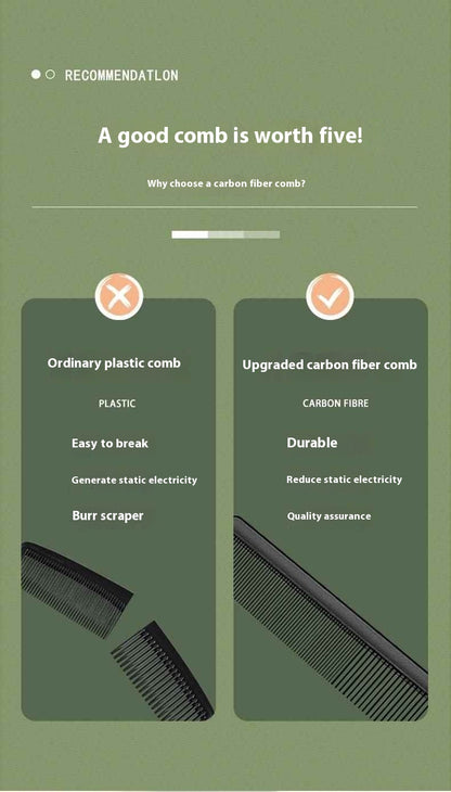 Comparison chart of ordinary plastic comb and upgraded carbon fiber comb on a green background
Three black combs on a light green background with product descriptions.
Black wide-tooth detangling comb for thick and curly hair
Minimalist black hair styling comb for smooth detangling