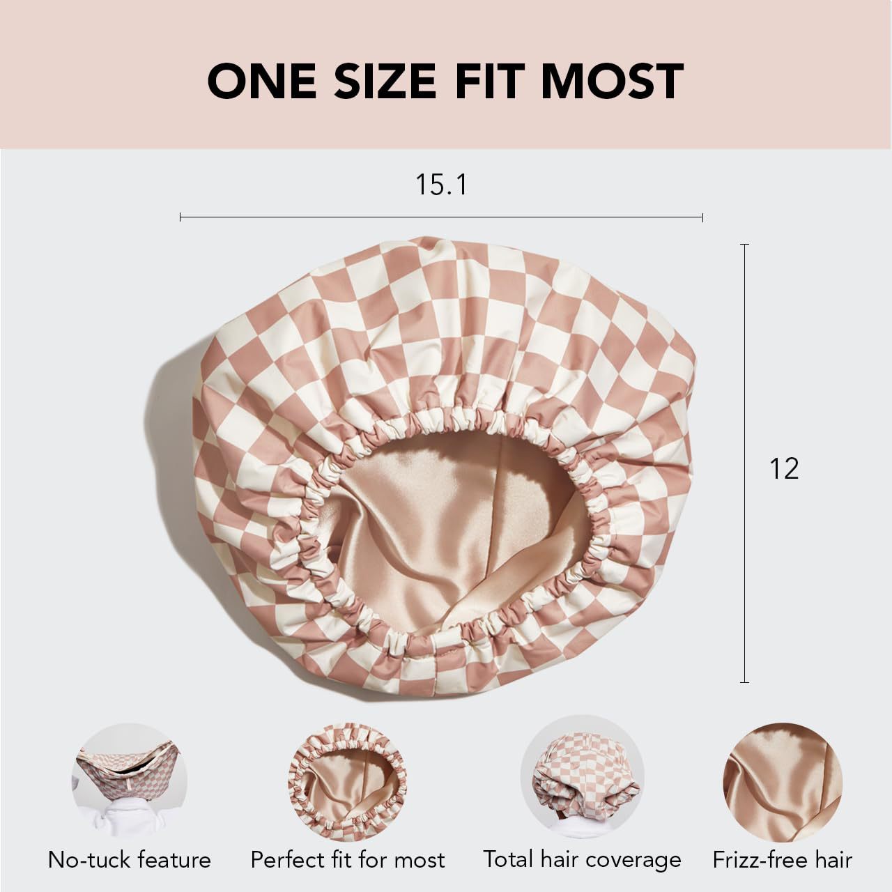 Checkered satin bonnet with measurements 
Waterproof satin shower cap with double layer hair protection
Stylish plaid shower cap keeping hair dry and frizz-free
Satin lined shower cap for protecting hair during shower
Reusable shower cap with secure elastic fit for women