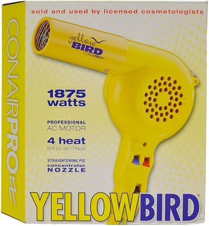 Yellow Bird hair dryer packaging with product details on a white background