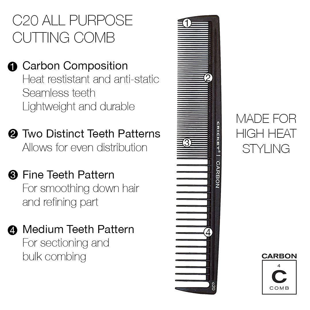 Carbon C20 cutting comb on white background
Carbon C20 comb for professional hair styling
Heat-resistant anti-static cutting comb
Carbon comb used for sectioning hair