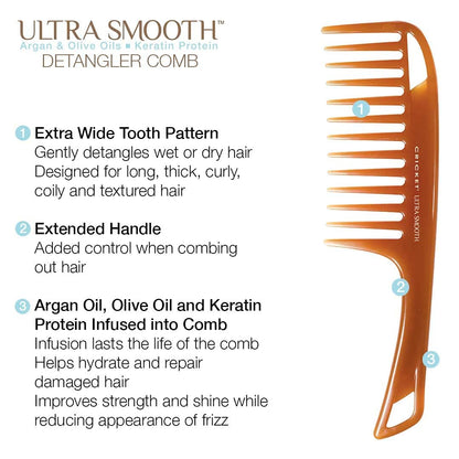 Ultra Smooth Detangler Comb on white background
Gentle detangling comb for wet or dry hair
Smooth hair comb designed to reduce snagging
Ultra Smooth Detangler Comb for everyday styling