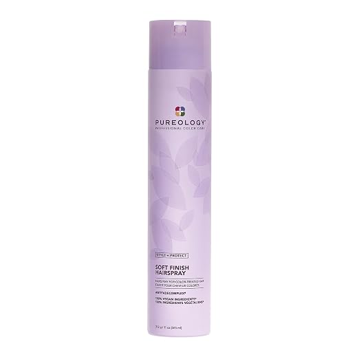 Pureology Soft Finish Hair Spray in a tall, light lavender spray bottle with a matching cap, shown against a plain white background.