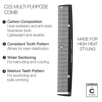 Black comb with text detailing features on a white background