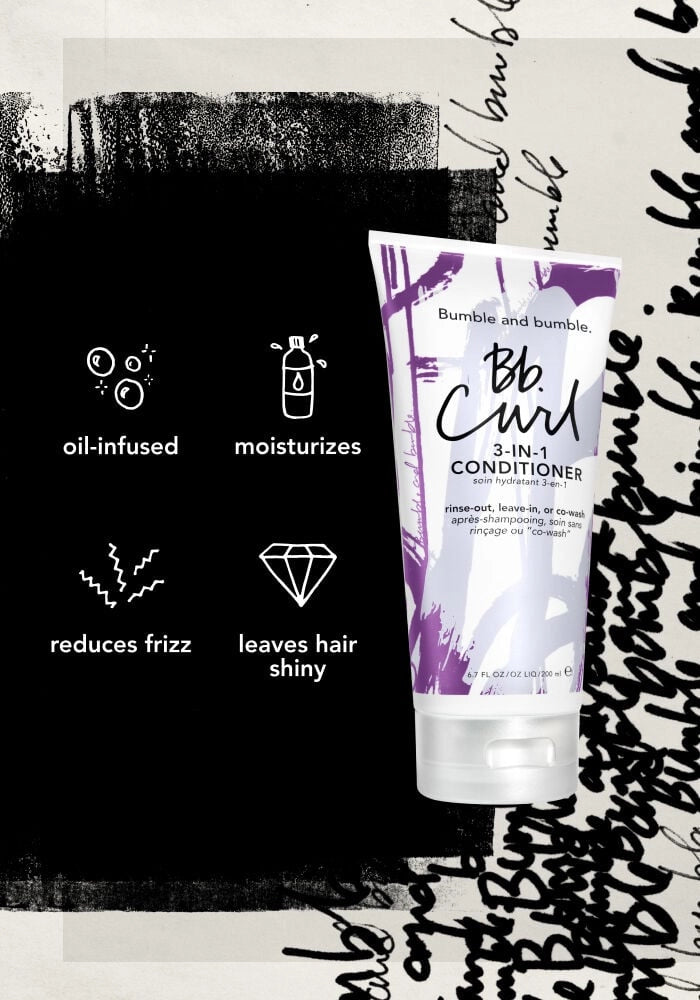 A tube of Bumble and Bumble Bb Curl 3-in-1 Conditioner is displayed on a stylized black and white graphic background with feature icons and text highlighting oil-infused, moisturizing, frizz-reducing, and shiny benefits.