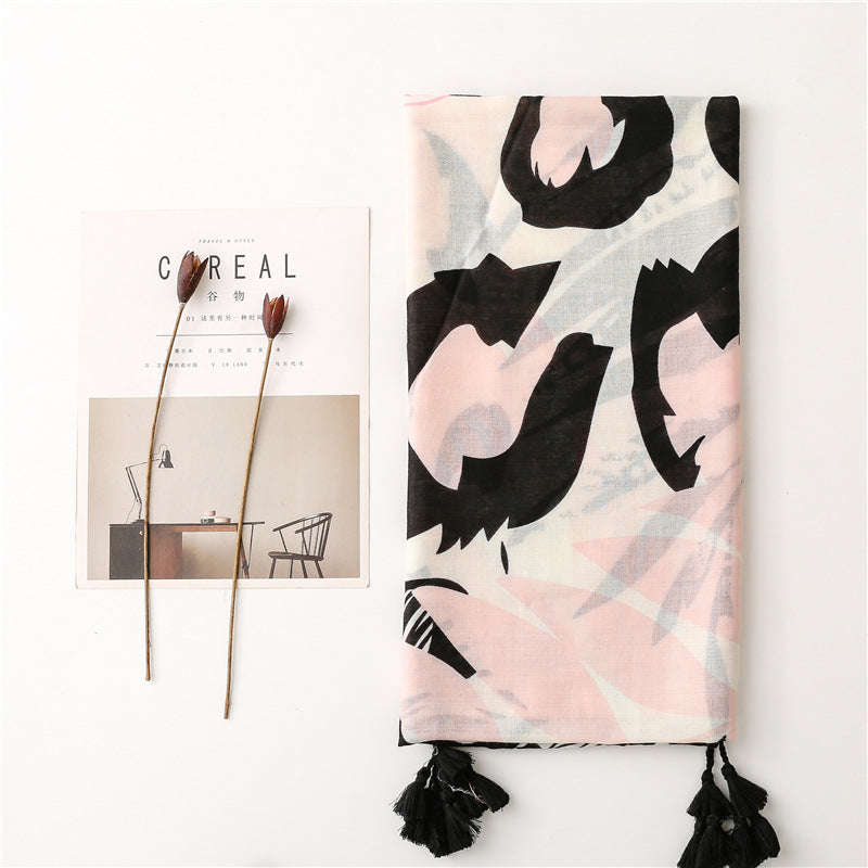 Floral Shawl Scarf with Long Tassels
