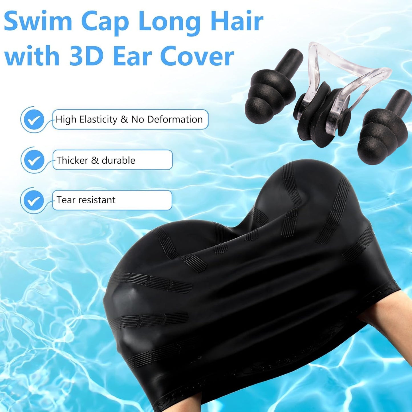 3pcs Swimming Cap Long Hair, Nose Clip Earplug Set, Silicone Swimming Cap with 3D Earmuffs, Waterproof Adult Swimming Cap, Shower Cap, Unisex, Keep Hair Dry