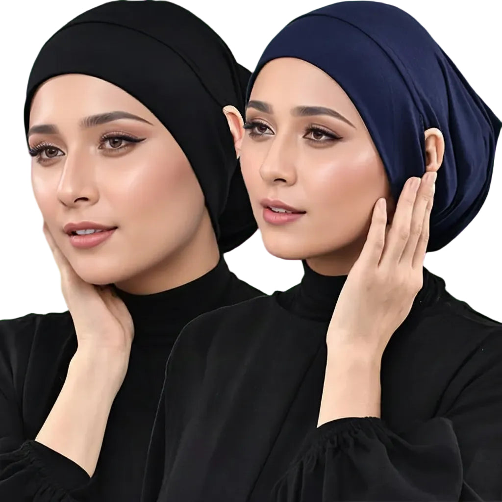 Two women wearing hijabs with a '2PCS' label on a pink background