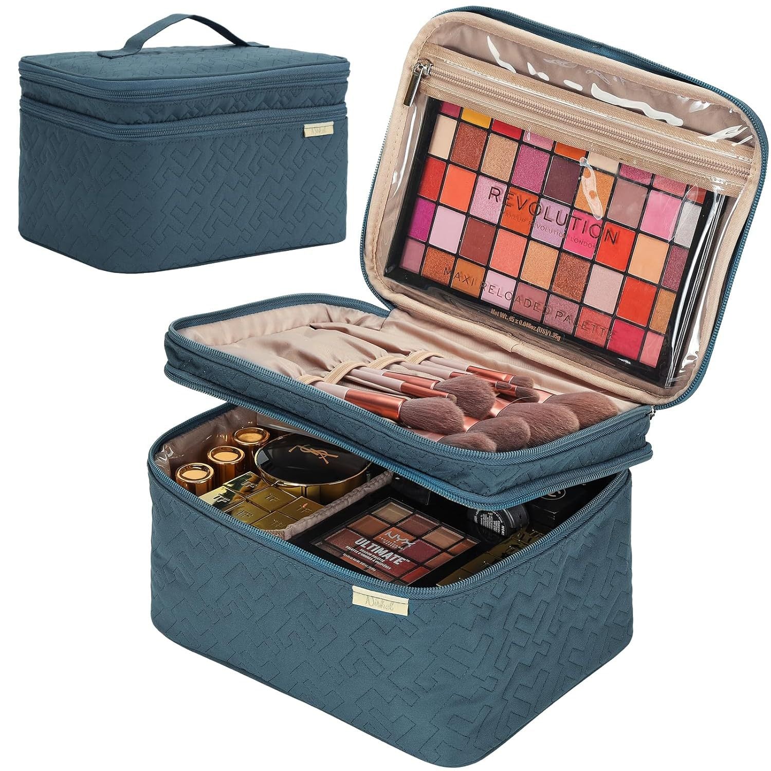 Blue makeup case with open lid revealing makeup products on a white background