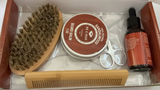 “Complete beard care kit with sandalwood oil, balm, brush, comb, scissors in gift box”
“Men’s beard grooming set with bamboo brush and sandalwood beard products”
“Beard styling kit with shaping tool, scissors and conditioning oil and cream”
“Gift box beard kit for men with premium grooming tools and sandalwood scent”