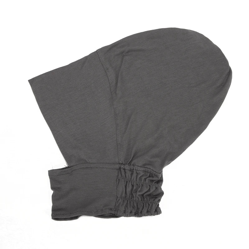 Dark grey hooded garment on a white background
