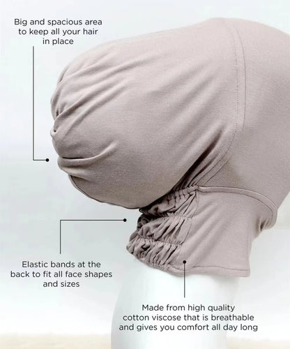 Beige bonnet with text highlighting features on a white background