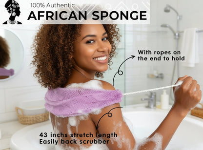 Woman using an African sponge in a bathroom setting with text highlighting features.