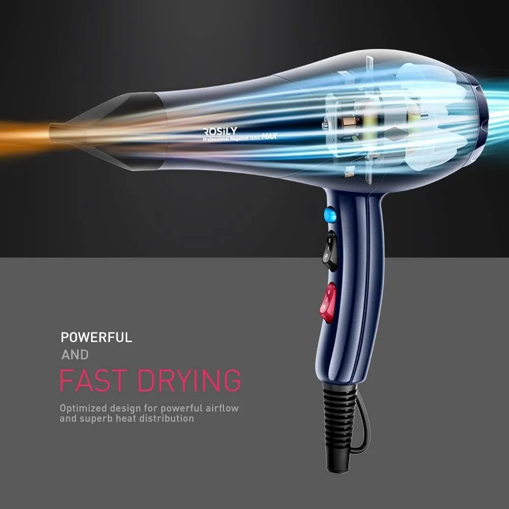 Rosily Max Ionic Hair Dryer with negative ions for frizz control, salon-grade power cord, and fast, smooth drying