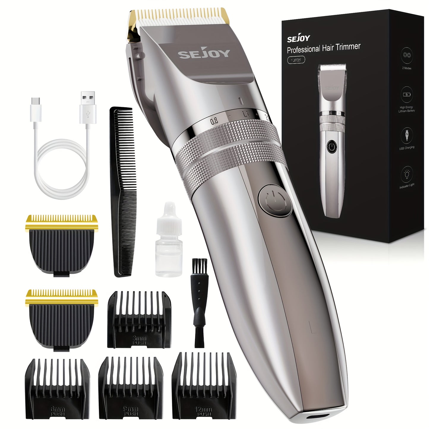 Adjustable beard trimmer with precision dial and 5 length settings
Cordless men’s beard trimmer with USB rechargeable battery
Close-up of electric beard trimmer with limit comb attachment
Men’s grooming device for mustache and beard styling