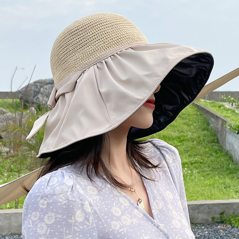 Satin bow visor with wide dome brim in khaki on white background