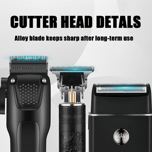 3pcs Men’s Cordless Hair & Beard Trimmer Set – USB Rechargeable LED